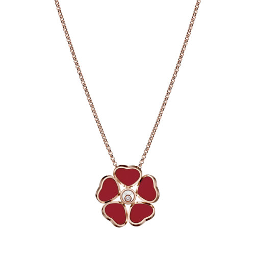 Chopard/蕭邦 經(jīng)典HAPPY HEARTS FLOWERS系列 18K金玫瑰金五顆紅色寶石心形花朵鑲鉆項(xiàng)鏈79A085-5811