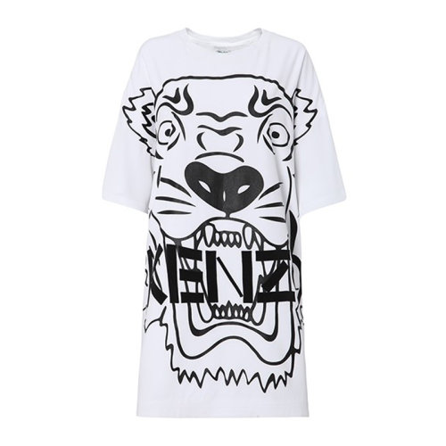 Kenzo/高田賢三 女士白色棉質(zhì)印花虎頭圖案短袖長款T恤裙連衣裙