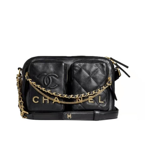 CHANEL/香奈兒 22早春系列 雙口袋相機(jī)包炸藥包 金色鏈條郵差單肩斜挎包 黑色 小號 AS2923-B07152-94305