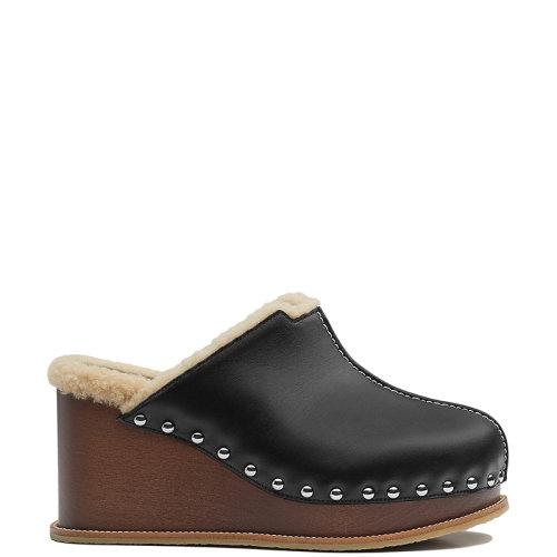 HERMES/愛馬仕 22年春夏新款 女士黑色小牛皮金屬鉚釘羊毛皮襯里厚底坡跟穆勒鞋H221049Z01350