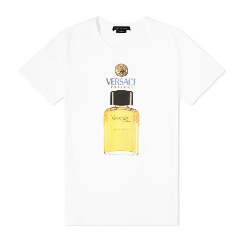 VERSACE/范思哲 男士白色棉質(zhì)經(jīng)典字母徽標美杜莎頭像香水瓶印花裝飾圓領(lǐng)短袖上衣T恤 A85575-A228806-A1002