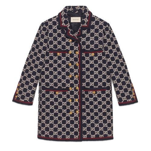 GUCCI/古馳 女士藍(lán)色象牙白色GG花呢大衣577448ZAAMP4447