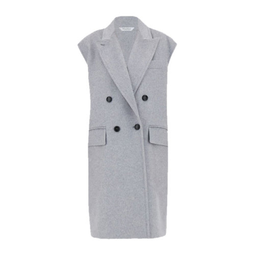 MaxMara/麥絲瑪拉 女士灰色羊絨貂毛雙紐扣交叉開合翻領(lǐng)背心馬甲 12760119600-013