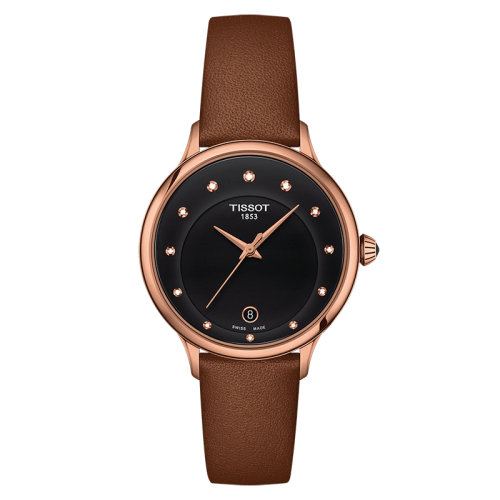 TISSOT/天梭 潤婷系列 女士黑色表盤石英機(jī)芯精鋼表殼黑色皮質(zhì)表帶腕表33毫米T133.210.36.056.00