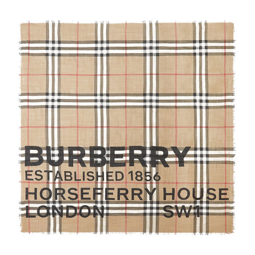 BURBERRY/博柏利 Horseferry印花格紋絲毛混紡大號方巾80355551