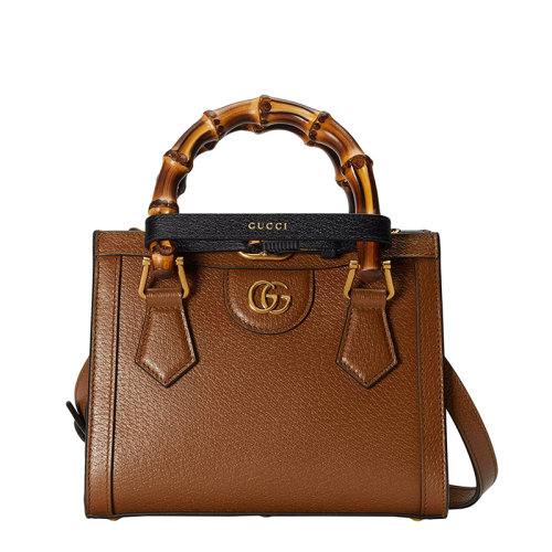 GUCCI/古馳 22春夏新款Diana系列 女士迷你棕色皮革竹節(jié)黑飾帶金扣紅綠肩帶手提單肩托特包702732U3ZDT2185