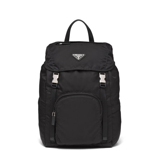 PRADA/普拉達(dá)  女士黑色再生尼龍翻蓋開合拉鏈測(cè)口袋雙肩背包1BZ039_RV44_F0002_V_OYO