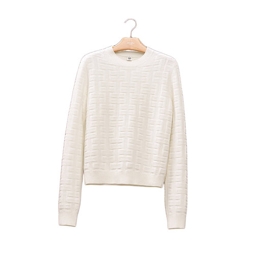 HERMES/愛(ài)馬仕 22年秋冬新款 女士白色純羊毛經(jīng)典格紋編織圓領(lǐng)長(zhǎng)袖針織衫毛衣H2H2630DA9134