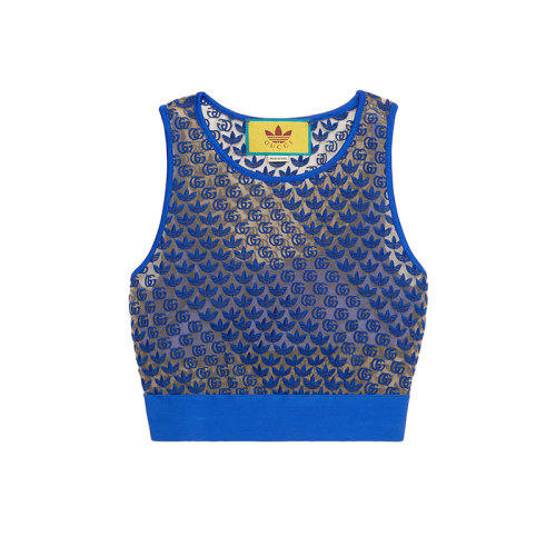 GUCCI/古馳 22年秋冬新款 adidas聯(lián)名系列 女士藍(lán)色錦綸混紡薄紗老花刺繡無袖上衣背心693448XJECA4697