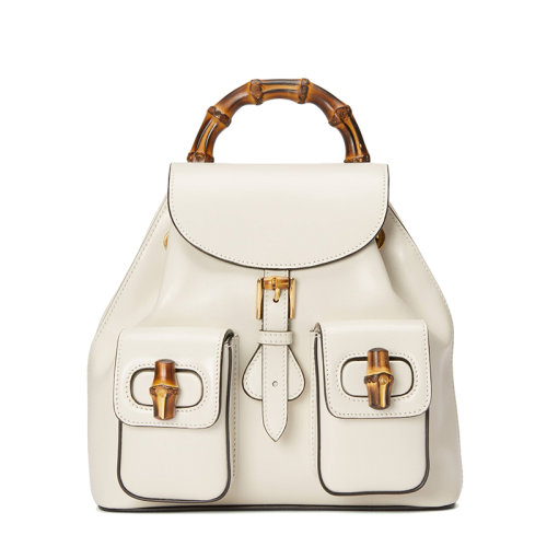 GUCCI/古馳 22新款 女士白色皮革內置抽繩計翻蓋搭扣竹節(jié)手柄雙肩包背包702101UZY0T9022