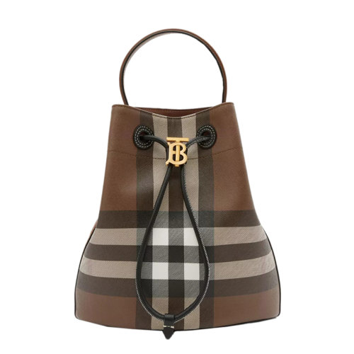 BURBERRY/博柏利 22新款 女士小號(hào)深棕色皮革格紋調(diào)節(jié)束帶開(kāi)合拋光金屬拆卸調(diào)節(jié)肩帶單肩斜挎水桶包80630701
