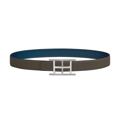 HERMES/愛馬仕新款 Inside H系列 男士普魯士藍(lán)/叢林綠荔枝紋皮革銀扣雙面腰帶32毫米H081669CK05/H073967CABD075