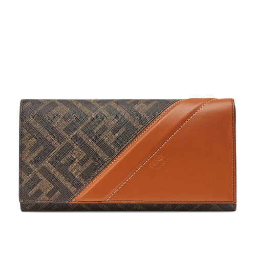 FENDI/芬迪 CONTINENTAL系列 FF圖案織物面料拼接棕色小牛皮長款錢包7M0264AFB4F1DZA