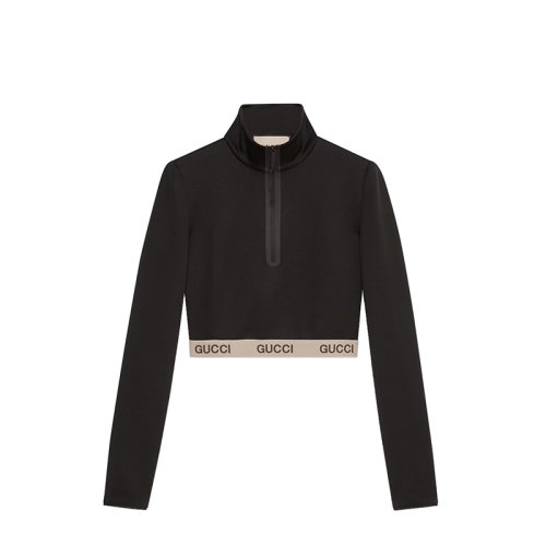 GUCCI/古馳 22秋冬款 The North Face聯(lián)名系列 女士黑色棉質(zhì)混紡飾有刺繡LOGO標志拉鏈開合短款針織上衣?672399XJDS61082