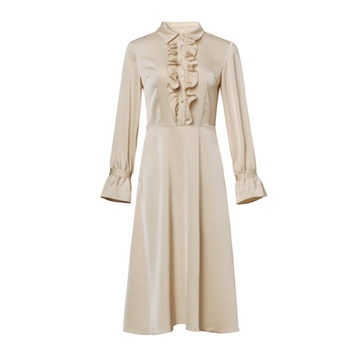 GeleiStory/GeleiStory 早春新款仿醋酸連衣裙氣質(zhì)優(yōu)雅中長款木耳邊單排扣高腰大擺裙 女裝＞女士裙裝＞女士連衣裙