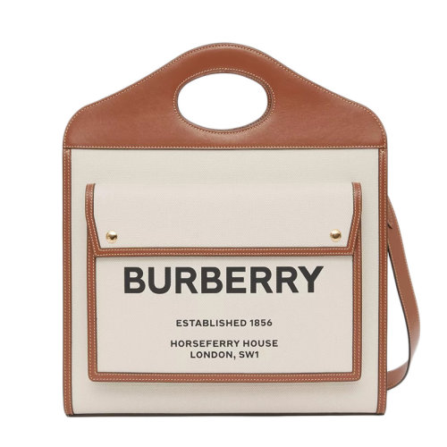 BURBERRY/博柏利 2020新款經(jīng)典款 中號雙色帆布拼麥芽棕皮革口袋包托特手提單肩包80393621