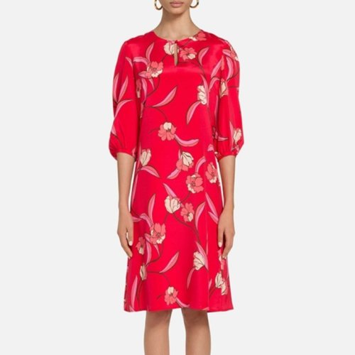 St.John/盛薔女士紅色桑蠶絲碎花圓領(lǐng)中袖女士連衣裙K11ZW01