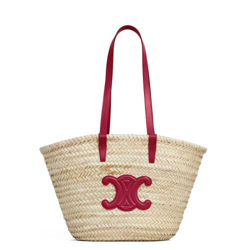 CELINE/賽琳 22新款CLASSIC TRIOMPHE系列 女士中號原色棕櫚葉配胭脂紅小牛皮細節(jié)單肩斜跨手工編織籃子包192622CGG.27CA