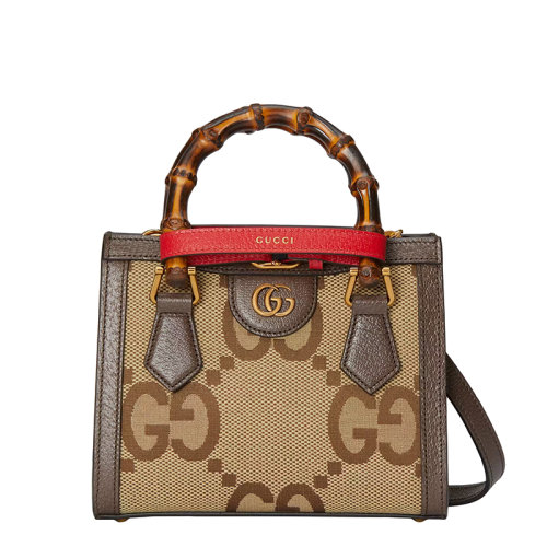 GUCCI/古馳 22春夏新款Diana系列 女士迷你駝色/烏木色老花帆布配棕色皮革竹節(jié)提手配紅色飾帶金扣單肩斜挎手提包 655661UKMFT2672