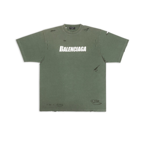 Balenciaga/巴黎世家 22年早春新款 DESTROYED系列 男女同款綠色純棉撕裂破洞做舊設(shè)計寬松版型短袖T恤651795TKVB83011