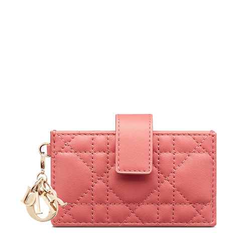 DIOR/迪奧 22新款LADY DIOR系列 女士灰珊瑚粉色藤格紋小羊皮風(fēng)琴卡包卡片夾S0074ONMJ_M76P