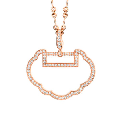 QEELIN/麒麟珠寶 YUYI系列 18K金玫瑰金鑲嵌鉆石大號鏤空如意形狀吊墜YY-010-OPD-RGD