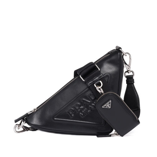 PRADA/普拉達  女士黑色皮革拉鏈開合附可拆卸可調(diào)徽標印花織物肩帶皮革拉鏈小袋三角形手袋斜跨單肩包1BH190_2BYA_F0002_V_BRO