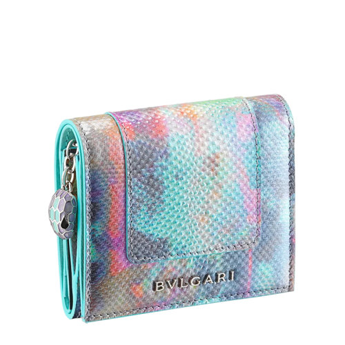 BVLGARI/寶格麗 SERPENTI FOREVER系列 女士彩色水蛇皮淺藍(lán)色小牛皮內(nèi)襯三折錢包291160