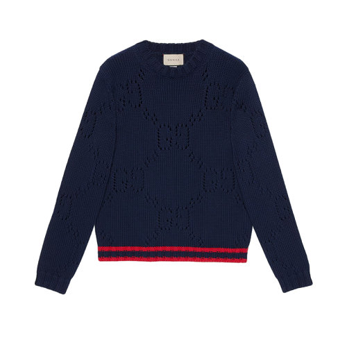 GUCCI/古馳 22年春夏新款 男士深藍色純棉飾放大老花圖案織帶針織衫毛衣?692157XKCBA4668