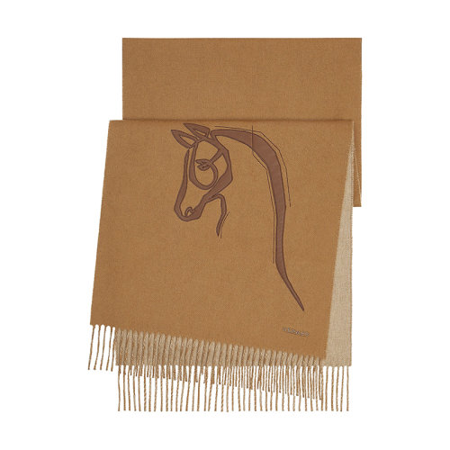 HERMES/愛(ài)馬仕 22年早春新款 Cheval au Trait系列 男士駝色/米色馬頭圖案純羊絨圍巾H393782T01