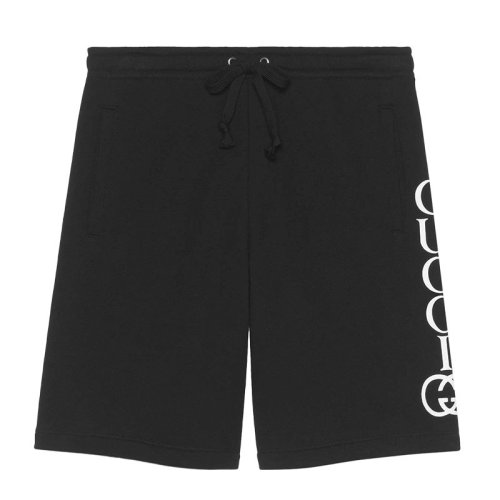 GUCCI 古馳  男裝 服飾 黑色棉質(zhì)LOGO標(biāo)識(shí)印花 男士短褲褲裝側(cè)面LOGO標(biāo)識(shí)