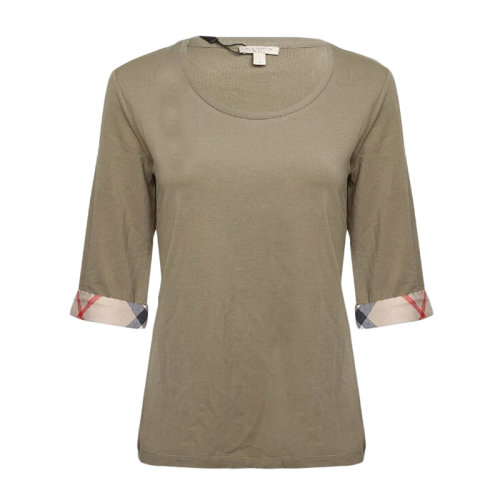 BURBERRY/博柏利 女士墨綠色棉質(zhì)簡約五分袖圓領(lǐng)短袖T恤格紋飾邊