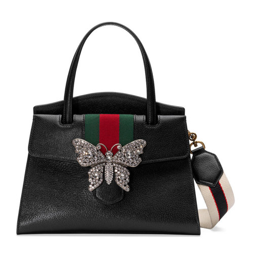 GUCCI/古馳 Totem系列女士中號黑色皮革紅綠織帶水晶金屬蝴蝶 手提包單肩包斜挎包女包 505342-CWGEX-8478