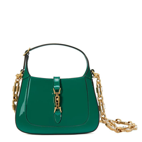 GUCCI/古馳 22新款Jackie 1961系列 女士迷你綠色漆皮金扣配水晶互扣式雙G可拆卸鏈?zhǔn)郊鐜渭缧笨缡痔岚?996511J7CG3386