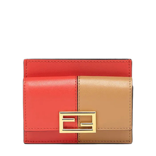 FENDI/芬迪  女士雙色調(diào)紅色米色皮革金色金屬飾面卡包卡片夾8M0423A1KSF1FVR