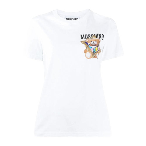 MOSCHINO/莫斯奇諾 女士白色棉質(zhì)經(jīng)典字母徽標畫框泰迪熊印花案圓領短袖上衣T恤 A0704-0440-1001