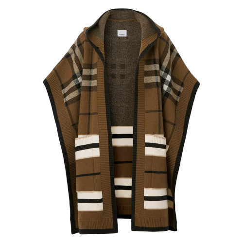 BURBERRY/博柏利 22年早春新款 女士暖胡桃色羊毛羊絨混紡格紋連帽斗篷80517801