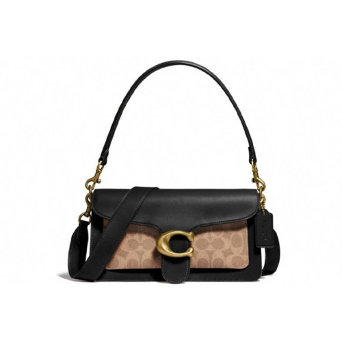 COACH|蔻馳 TABBY 26 中號 酒神包 老花帆布牛皮革經(jīng)典C字標識 單肩斜挎腋下包 女款 黑色拼棕色老花