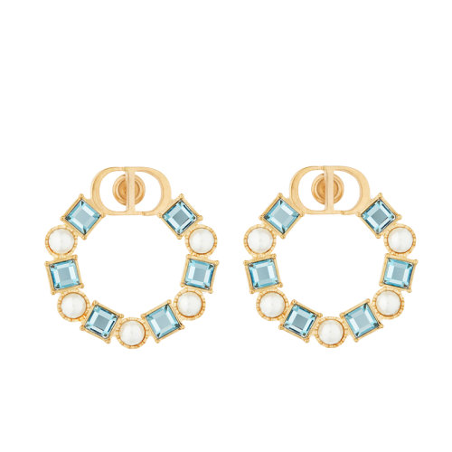 Dior/迪奧 22春夏新款PETIT CD系列 女士金色飾面金屬飾白色樹脂珠和淡藍色透明水晶CD圓形耳環(huán) E1858PTCCY_D457