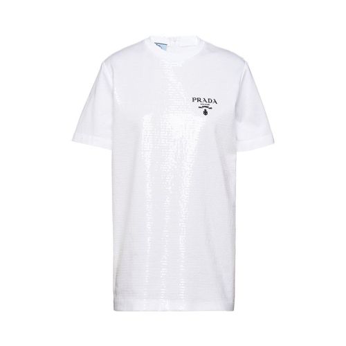 PRADA/普拉達(dá) 22年早春新款 女士白色透明亮片刺繡棉質(zhì)短袖T恤3581AR_10AG_F0009_S_221