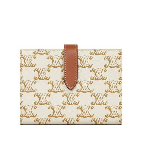 CELINE/賽琳  中號白色凱旋印花涂層帆布黃褐色小羊皮飾邊錢包10B642DB7.01TA