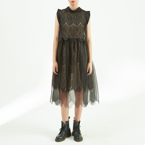 nisiss/怡夕蕾絲里布網(wǎng)紗疊透連身裙女士連衣裙N151AO04