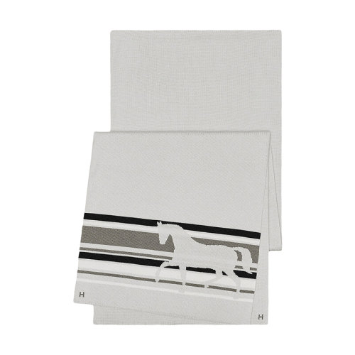 HERMES/愛(ài)馬仕 男士蒸汽/白色/礫石色火熱的馬條紋圖案羊絨真絲圍巾H733767T05