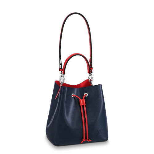 Louis Vuitton/路易威登 經(jīng)典款NEONOé系列 女士靛藍(lán)色水波紋粒面牛皮革飾紅色皮革細(xì)節(jié)銀扣單肩斜跨手提抽繩水桶包M54367