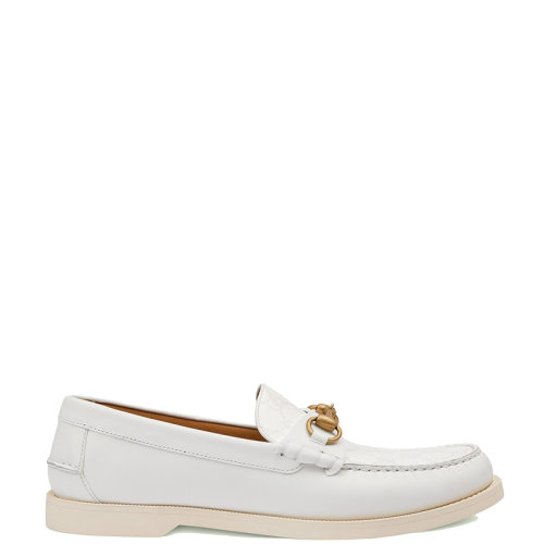 GUCCI/古馳 22年春夏新款 愛的進(jìn)行曲系列 男士白色皮革拼大老花帆布馬銜扣樂福鞋695049UPG509000