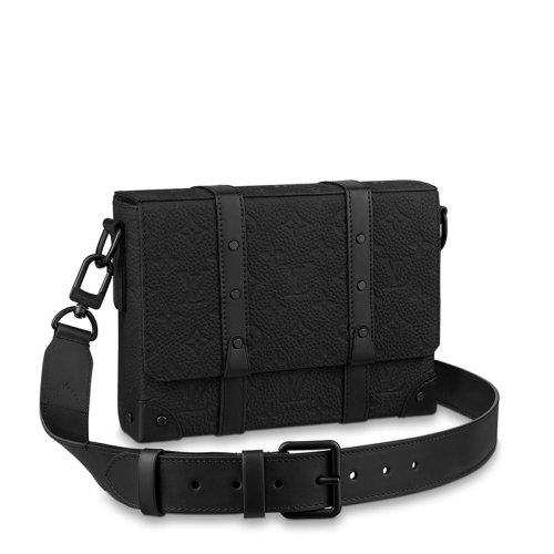 Louis Vuitton/路易威登 22春夏新款TRUNK系列 男士黑色老花壓印皮革牛皮飾邊黑扣配可拆卸肩帶單肩斜挎方形郵差包M57726