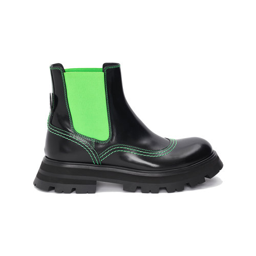 Alexander McQueen/亞歷山大麥昆 22年秋冬新款 Wander系列 女士黑色/酸性綠色牛皮革切爾西靴短靴708059WIC6E1594