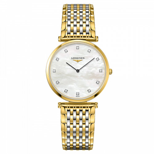 LONGINES/浪琴  嘉嵐系列 石英表白珍珠貝母鑲鉆表盤(pán)黃色PVD表殼表帶男士腕表33毫米L4.709.2.88.7