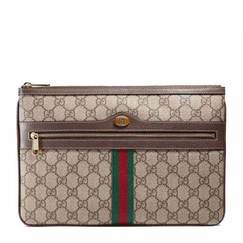 GUCCI 古馳 Ophidia系列  女士卡其色經(jīng)典GG Supreme印花帆布手拿包