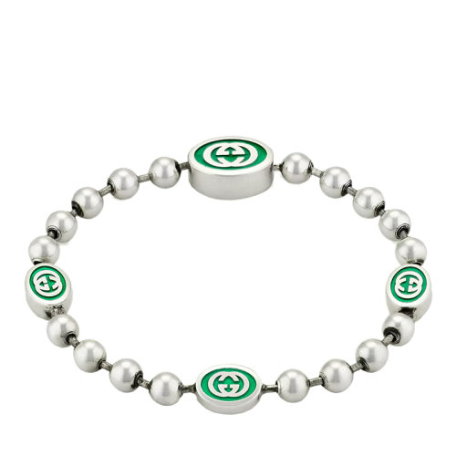 GUCCI/古馳 22春夏新款 銀色925純銀珠鏈飾綠色琺瑯互扣式雙G徽標(biāo)鏈?zhǔn)绞宙?701609J84108414